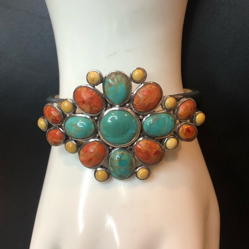 BARSE Sterling Silver Turquoise Spiny Oyster Coral Mosaic Inlay Cuff Bracelet